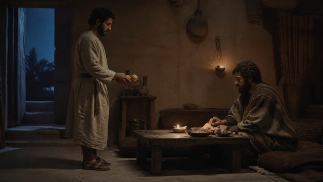 Servant prepares and serves an evening meal to his master in a humble ancient home. Biblical lesson about duty, humility, obedience, and service from Luke 17.