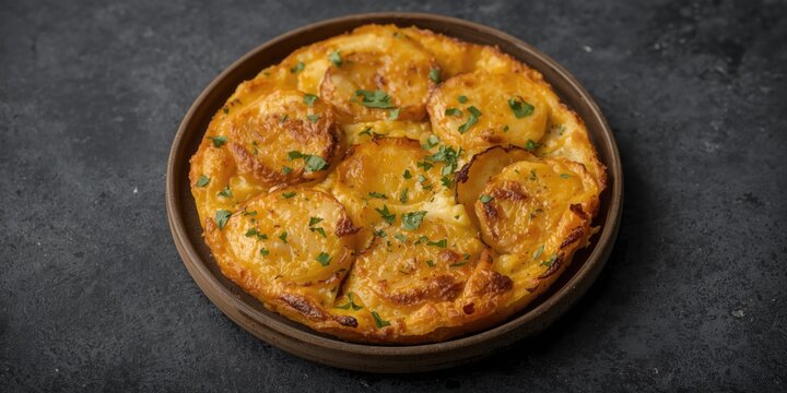 Potato Frittata Topped with Fresh Herbs in a Rustic Dish