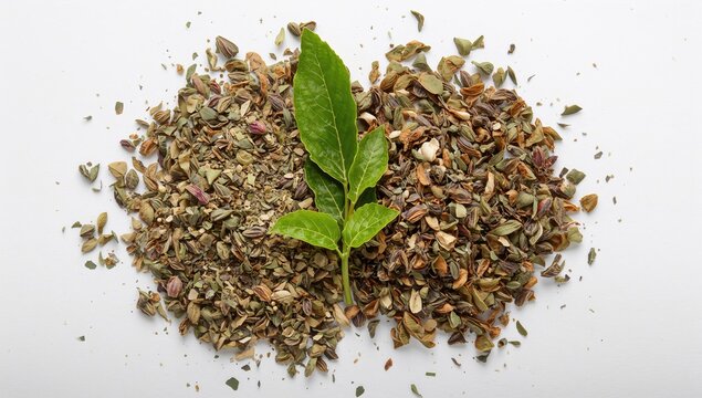 Dried Herbs with Fresh Green Leaf on White Background