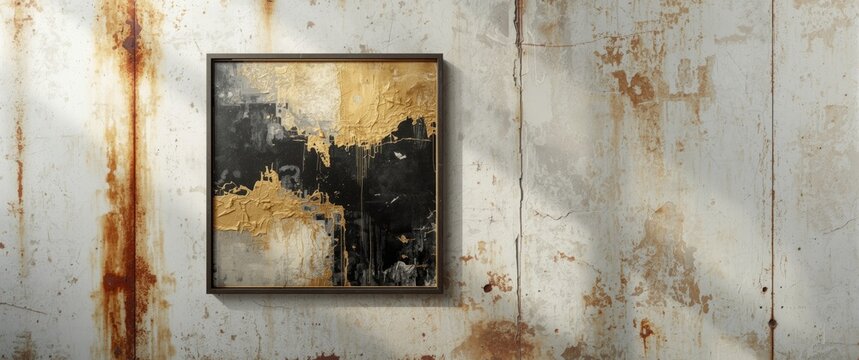 Abstract Gold and Black Artwork Framed on Rusty Wall Background