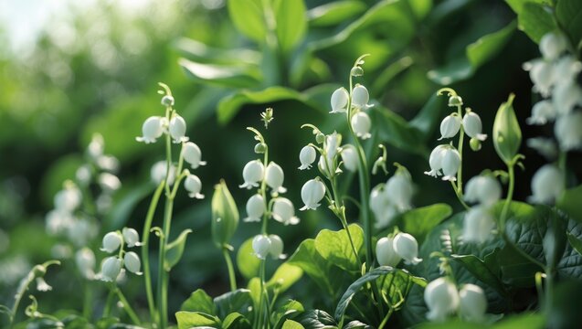 White Lily of the Valley Flowers Blooming Among Green Leaves in Soft Natural Light