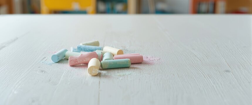 Pastel Colored Chalk Sticks Piled on a Light Wooden Surface