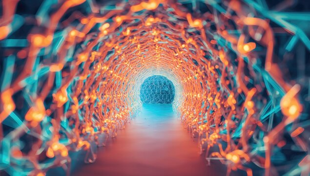 Abstract Neon Tunnel with Blue and Orange Lights Leading to a Spherical Center