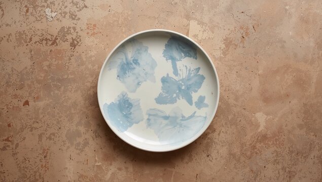 Ceramic Plate with Blue Floral Design on Neutral Background