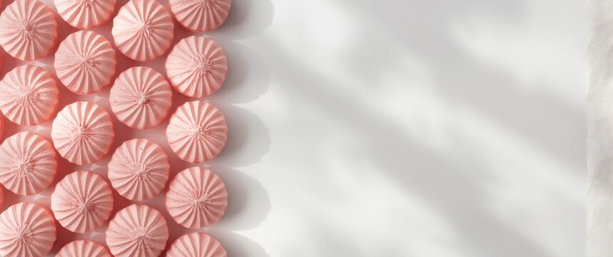 Pink Meringue Cookies Arranged on White Background with Soft Shadows