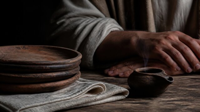 Servant preparing an evening meal with clay dishes and folded cloth on a rustic wooden table. Biblical illustration of humble duty, service, hospitality, and devotion.