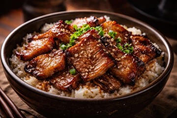 Fototapeta premium Grilled Pork Belly Served Over Steamed Rice in a Rustic Bowl