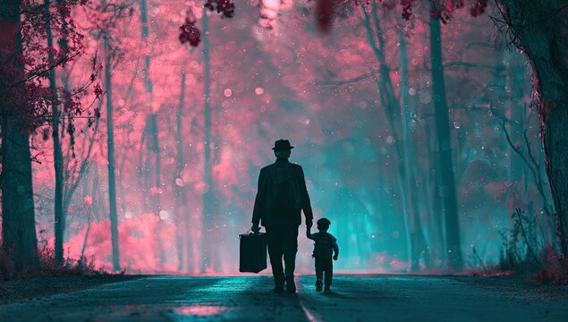 A father and child walk down a dreamlike path under vibrant, glowing trees