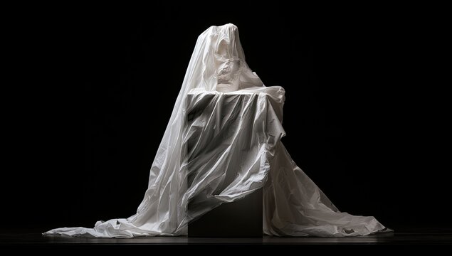 A draped, veiled figure emerges from the darkness on a pedestal