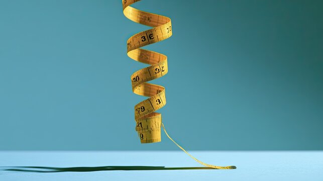A coiled yellow measuring tape hangs against a vibrant blue background