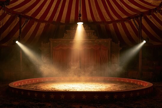 Empty circus ring illuminated by spotlights under a striped tent