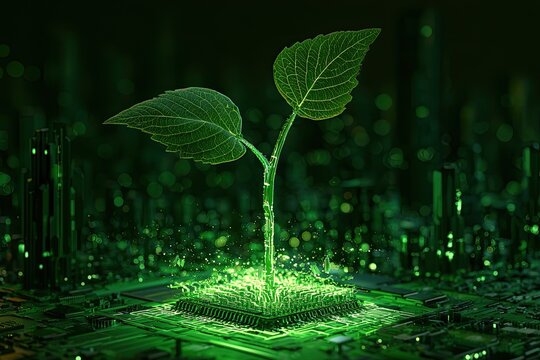 Green plant sprouts from a glowing computer chip, symbolizing tech-driven ecological growth