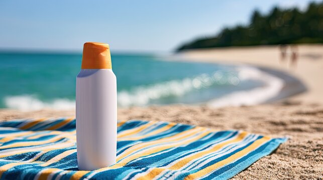 Sunscreen bottle on a striped towel at a sunny beach with ocean waves