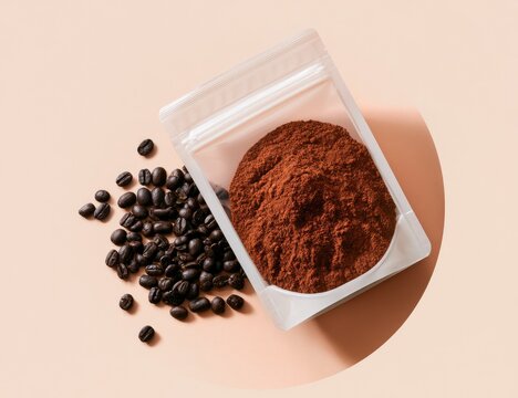 Coffee beans and rich brown powder in a clear pouch against soft background