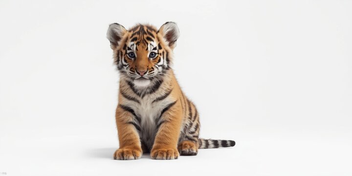 Cute Tiger Cub Sitting on White Background in Playful Pose