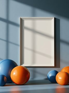 Minimalist scene with blank frame and colorful spheres casts shadows