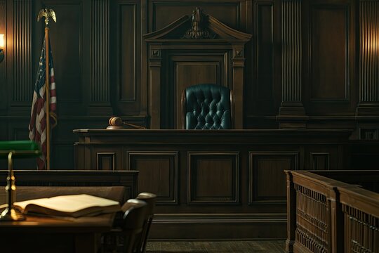 A formal courtroom with a judge's bench, witness stand, and jury box, bathed in warm light