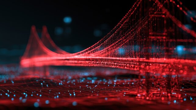Futuristic digital bridge made of red glowing particles over a dark, blurred landscape