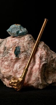 Ancient golden pipe rests on textured stone, accented with mineral fragments