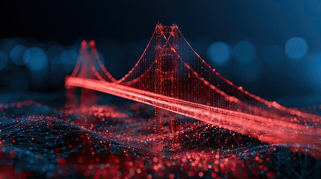 Digital bridge glowing red over abstract network terrain, futuristic concept