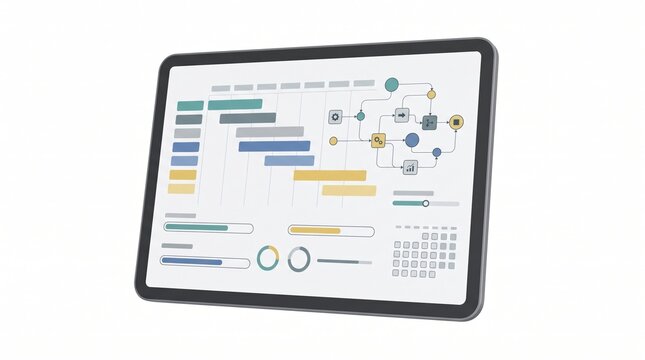Digital tablet displays complex project management software with charts and flowcharts. It represents modern productivity and AI integration. Ideal for business and tech presentations.