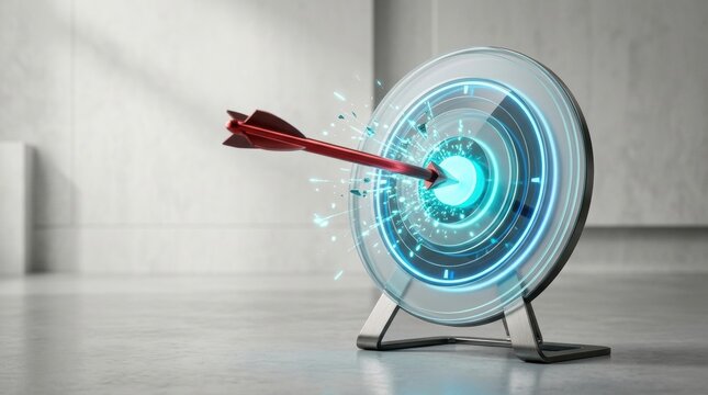 Target Acquired: A vibrant red arrow strikes the bullseye of a futuristic, glowing target, symbolizing precision and successful execution.