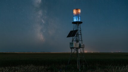 Naklejka premium Illuminated scientific tower under a starry sky at dusk