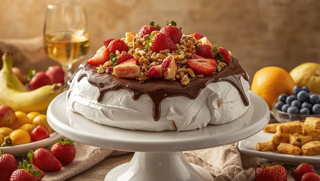 Chocolate Pavlova Topped with Fresh Fruits and Granola on a White Cake Stand