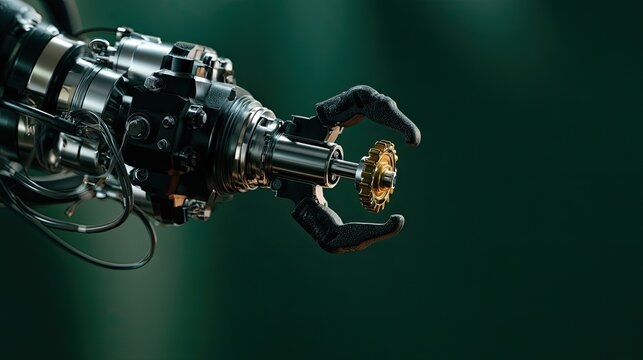 Robotic arm precisely manipulates a golden mechanical component against a dark green background