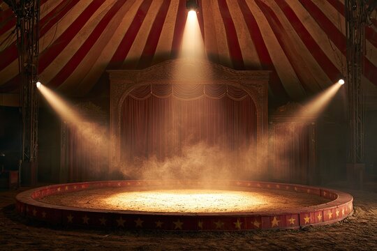 Spotlight illuminating a dusty circus ring beneath striped canvas