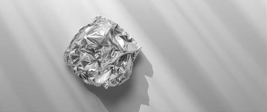Crumpled Aluminum Foil Ball on a Smooth Surface with Soft Lighting