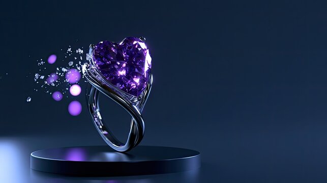 A shimmering heart-shaped purple gem on a twisted metal ring