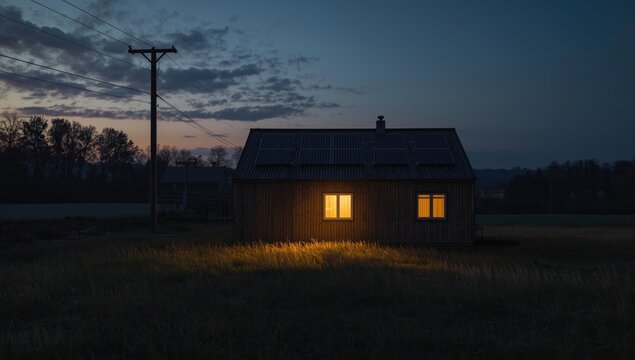 Cozy Wooden House Illuminated by Warm Light at Dusk in a Rural Setting