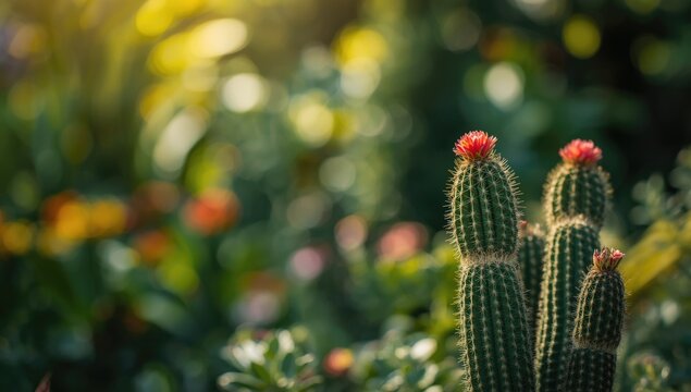 Cacti with Blooming Flowers in a Sunlit Garden Setting