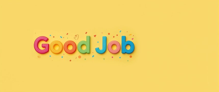 Colorful Good Job Text with Confetti on Yellow Background