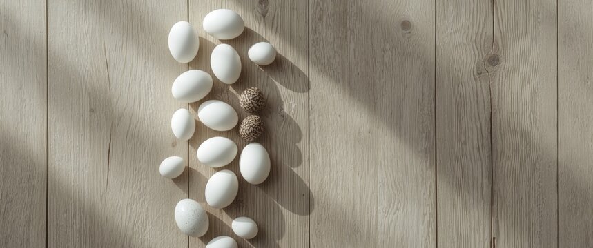 White Eggs Arranged on Light Wooden Surface with Soft Shadows