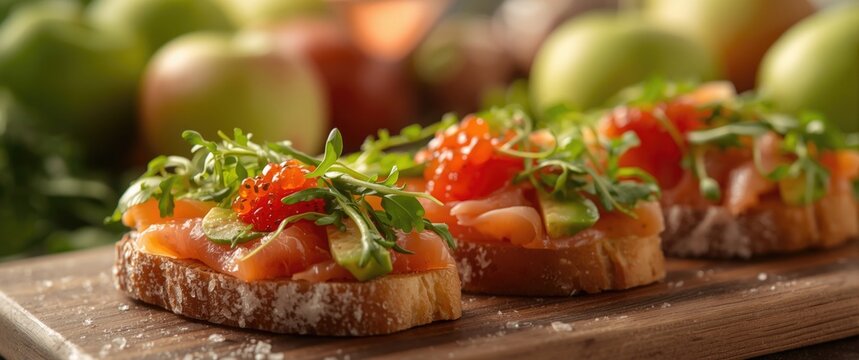 Gourmet Salmon Bruschetta Topped with Arugula and Caviar on Wooden Board