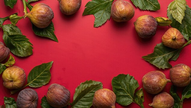 Fresh Figs Surrounded by Green Leaves on a Red Background