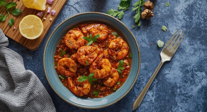 Spicy Shrimp Dish Garnished with Fresh Herbs and Lemon on a Blue Table