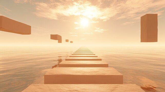 Surreal path of floating blocks ascends into bright, hazy sky over water