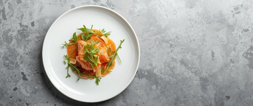 Fresh Salmon Salad with Arugula on a White Plate against a Gray Background
