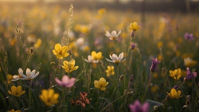 Wildflowers Blooming in a Sunlit Meadow during Spring Morning