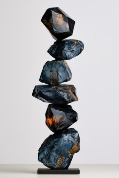 Stacked, dark, faceted objects with glowing orange interiors on a pedestal