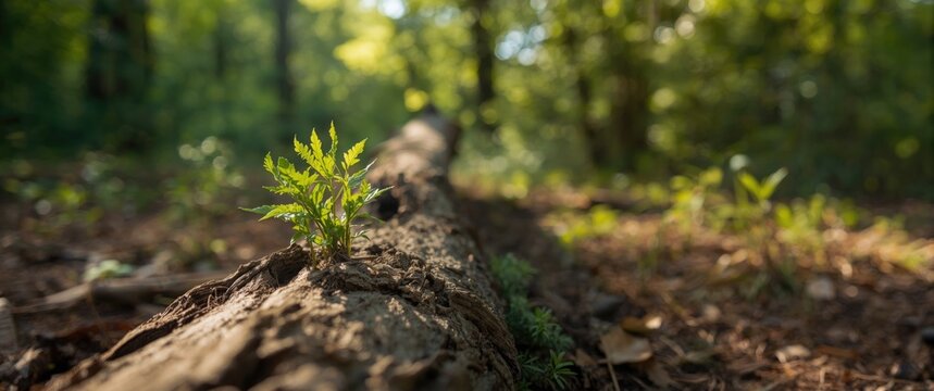Newly Sprouted Fern Growing on a Fallen Log in a Sunlit Forest