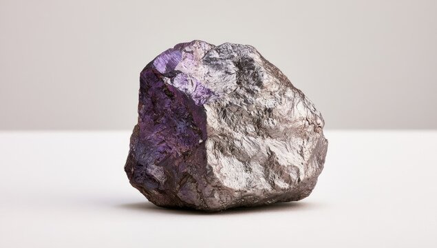 Iridescent metallic mineral chunk reflects light, showcasing purple and silver hues