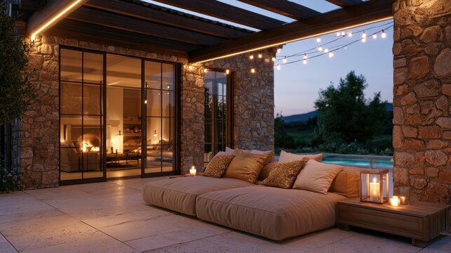 Cozy outdoor patio with glowing lights and comfortable seating