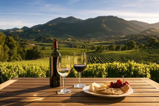 Wine, cheese, and grapes set against vineyard and mountain landscape