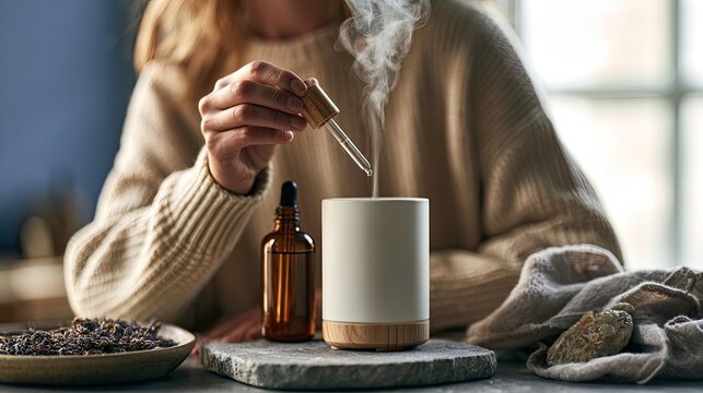 Person adding oil to diffuser, steam rising, creating calming atmosphere