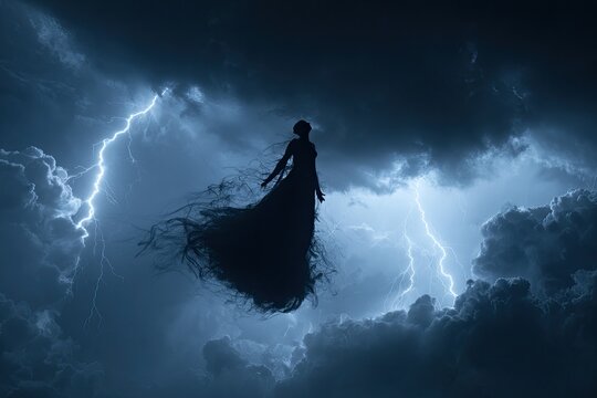 Dark spectral figure engulfed in smoke amidst dramatic lightning storm