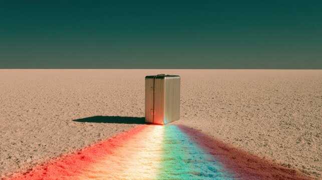 A metallic object stands alone in a vast, flat expanse, casting a rainbow